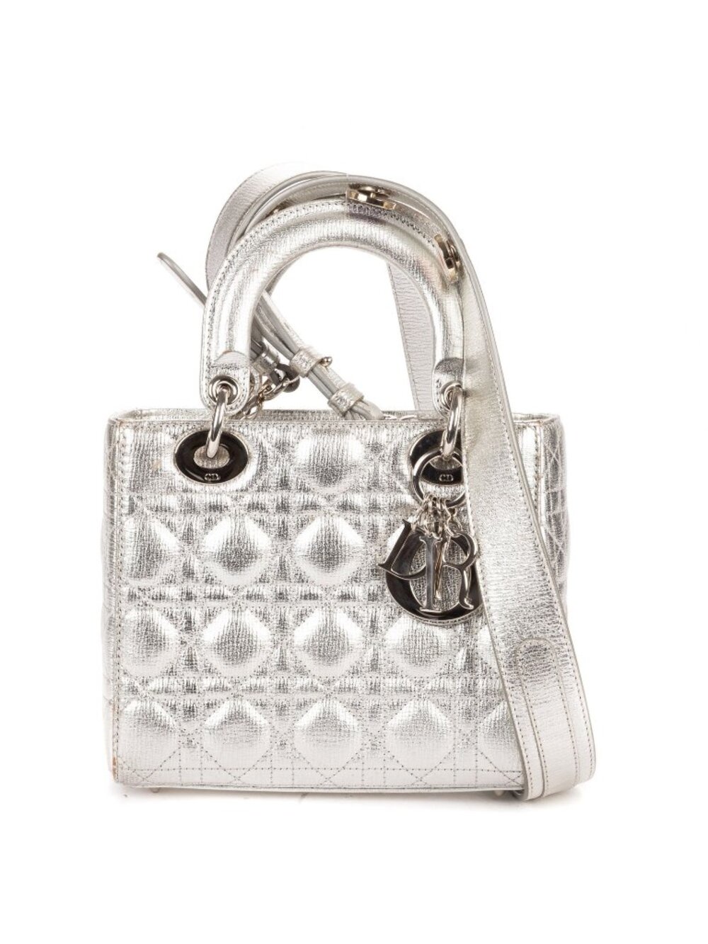 Dior Small Lady Dior Flap Metallic Silver Cannage Calfskin Leather Handbag